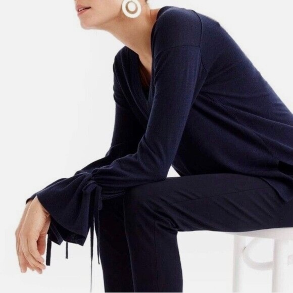 J.Crew 100% Merino Wool V-Neck Tie Bell Sleeve Pullover Sweater - Picture 2 of 8